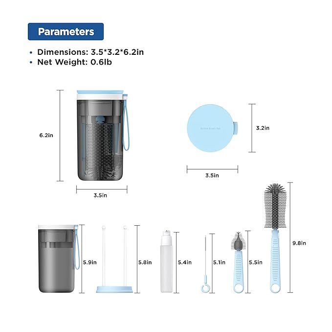 YOTIME Travel Bottle Brush Set, 6 in 1 Bottle Cleaning Kit with Silicone Bottle Brush, Nipple Cleaner Brush, Straw Brush, Soap Dispenser, Bottle Drying Rack and Storage Box, Blue