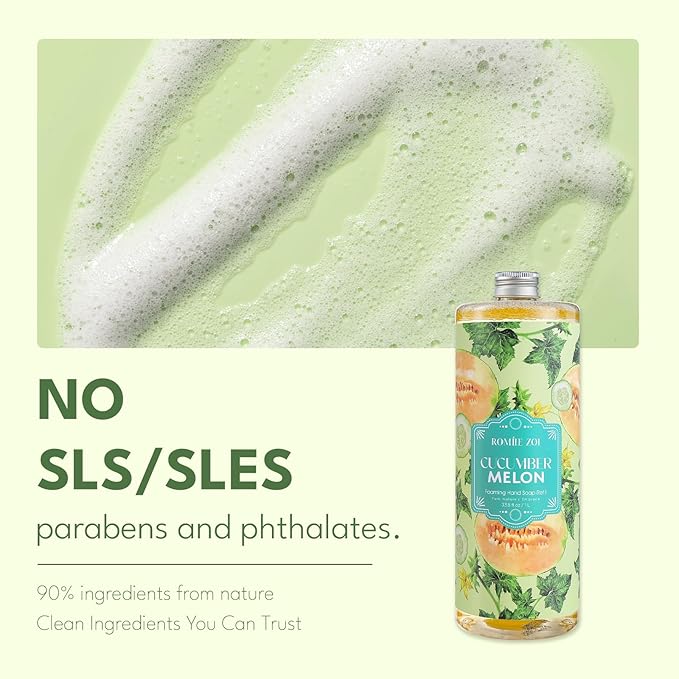 ROMIIE ZOI Natural Cucumber&Melon Foaming Hand Soap Refills 3-Pack (33.8 Fl Oz Each) with Dispenser - Plant-Based, Non-Toxic, Large Volume for Kitchen, Bathroom - Great Value Gift Set for Housewarming