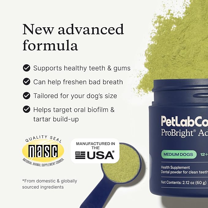 PetLab Co. ProBright Advanced Dental Powder - Dog Breath Freshener - Teeth Cleaning Made Easy – Targets Tartar & Bad Breath - Packaging May Vary - Formulated for Medium Size Dogs
