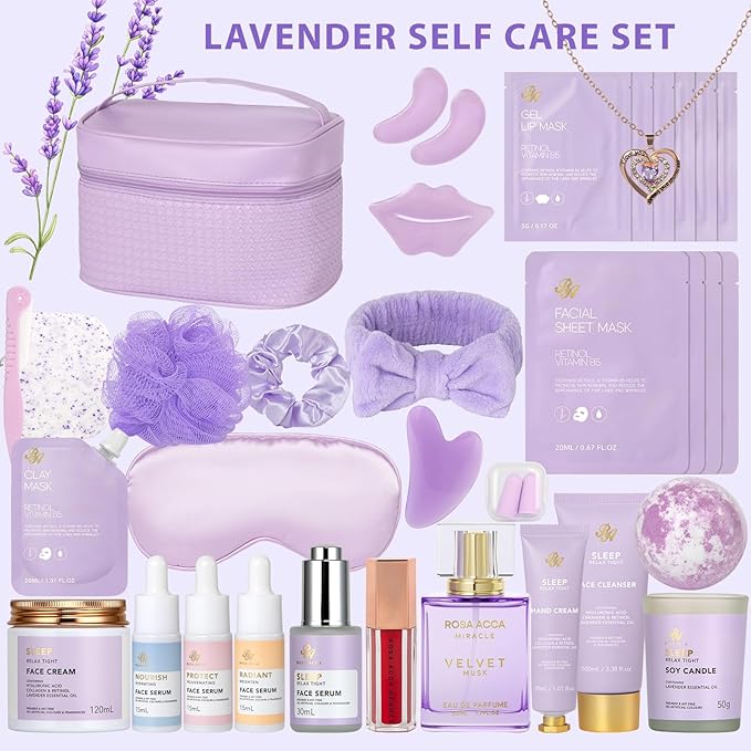 Christmas Gifts for Women, Lavender 33 Pcs Spa Bath & Body Gift Set, Face Sheet Mask Skin Care, Hydrogel Mask, Lip Gloss, Cosmetic Bag, Face Serum, Necklace, Cleanser, Gua Sha, Mother Day, Birthday