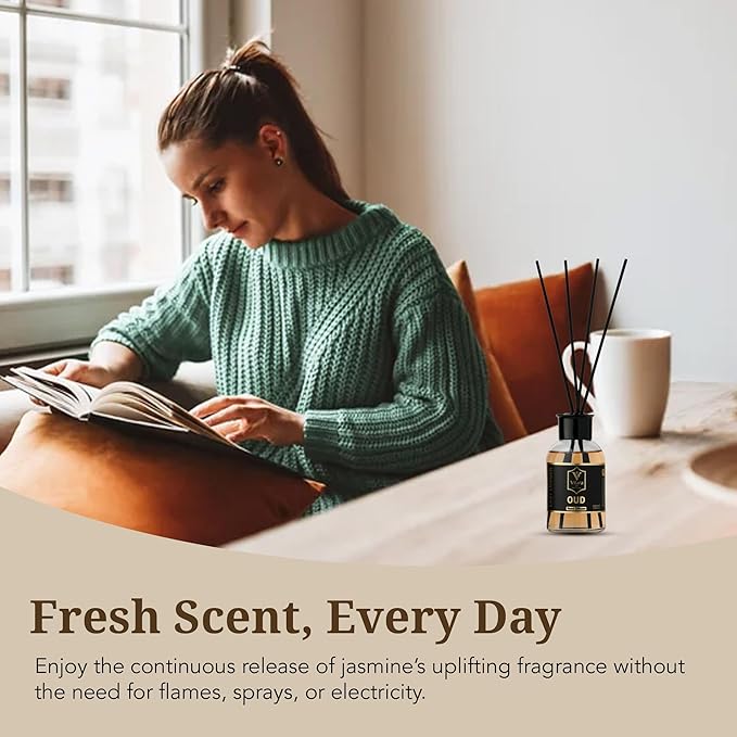 Luxury Reed Diffuser Set - 110ml Aromatherapy Diffuser with Natural Sticks, Aesthetic Room Decor, Long-Lasting Air Freshener for Home, Bathroom, and Office, Essential Oil Stick Diffuse (Oud Pack)