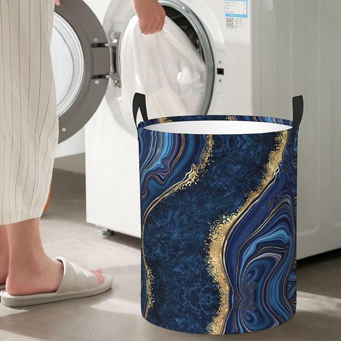 Blue Marble Print Laundry Hamper Bag With Waterproof Liner - Round Laundry Basket Foldable Clothes Storage Organizer For Bathroom Bedroom Nursery Dorm, S-16.5"X 13.8"