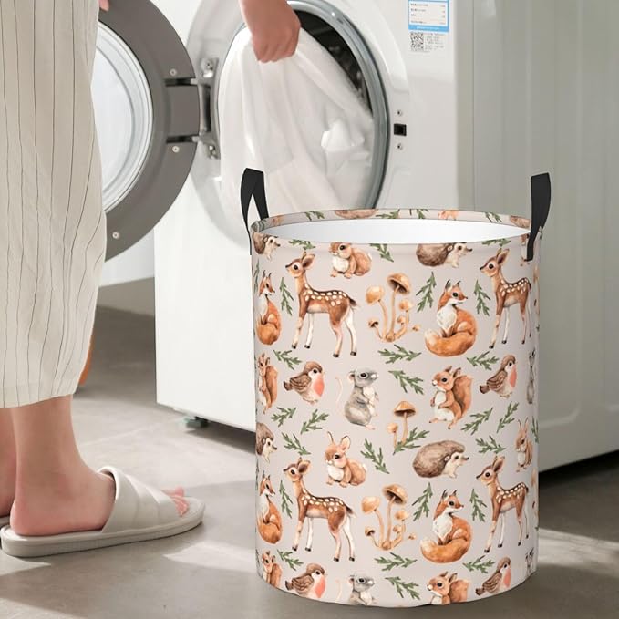 Forest Little Animal Laundry Hamper Bag, Deer Squirrel Hedgehog Fox Round Laundry Basket Foldable Clothes Storage Organizer For Bathroom Bedroom Nursery Dorm, S-16.5"X 13.8"
