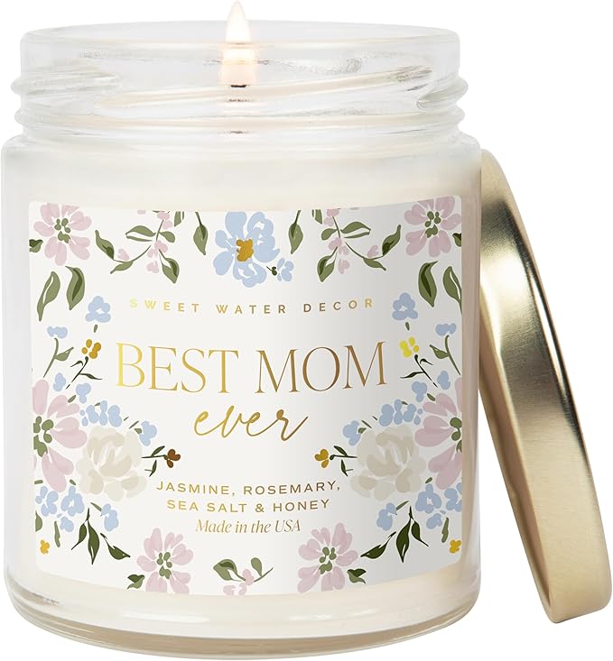Sweet Water Decor Best Mom Ever Candle – Soy Candles with Lemon, Rosemary, Jasmine, Honey, Violet – 40 Hour Burn – 9oz Clear Glass Jar – Ideal for Mother’s Day Gifts, New Mom Gift