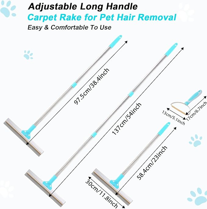 Hotsky Carpet Rake for Pet Hair Removal,3 in 1 Reusable Silicone Carpet Broom,54 inch Adjustable Cat Dog Hair Remover Tool with Lint Scraper and Patented Design for Rugs,Mats,Sofas,Floors
