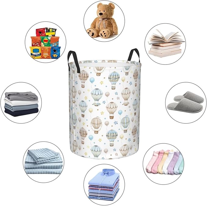 Cute Hot Air Balloon Stars Laundry Hamper Bag With Waterproof Liner - Round Laundry Basket Foldable Clothes Storage Organizer For Bathroom Bedroom Nursery Dorm, M-19.6"X 15.7"