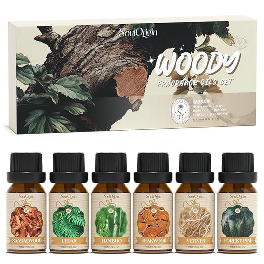 Woody Essential Oils Set, Fragrance Oil Set for Diffuser, Scent Diffuser Oil for Candle Making- Sandalwood, Cedar, Bamboo, Teak, Vetiver, Forest Pine