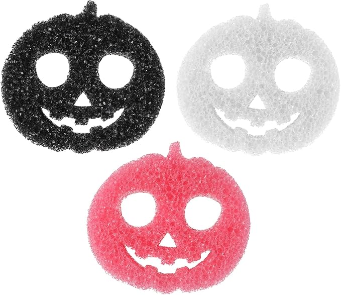3 Pcs Dual Sided Scrub Sponge Multi Functional Cute Temperature Sensitive Non Scratch Dish Sponge for Washing Dishes Kitchen Bathroom(Halloween Pumpkin,Pink, Black, White)