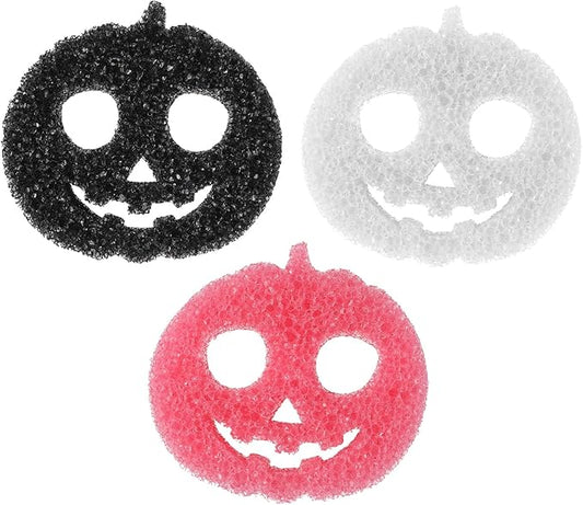 3 Pcs Dual Sided Scrub Sponge Multi Functional Cute Temperature Sensitive Non Scratch Dish Sponge for Washing Dishes Kitchen Bathroom(Halloween Pumpkin,Pink, Black, White)