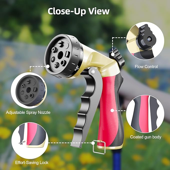 Heavy Duty Garden Hose Sprayer Nozzle, Water Hose Nozzle with 7 Spray Patterns, High Pressure Garden Sprayer with Adjustable Button & Lockable Trigger for Watering Plants & Lawns, Washing Cars, Pets