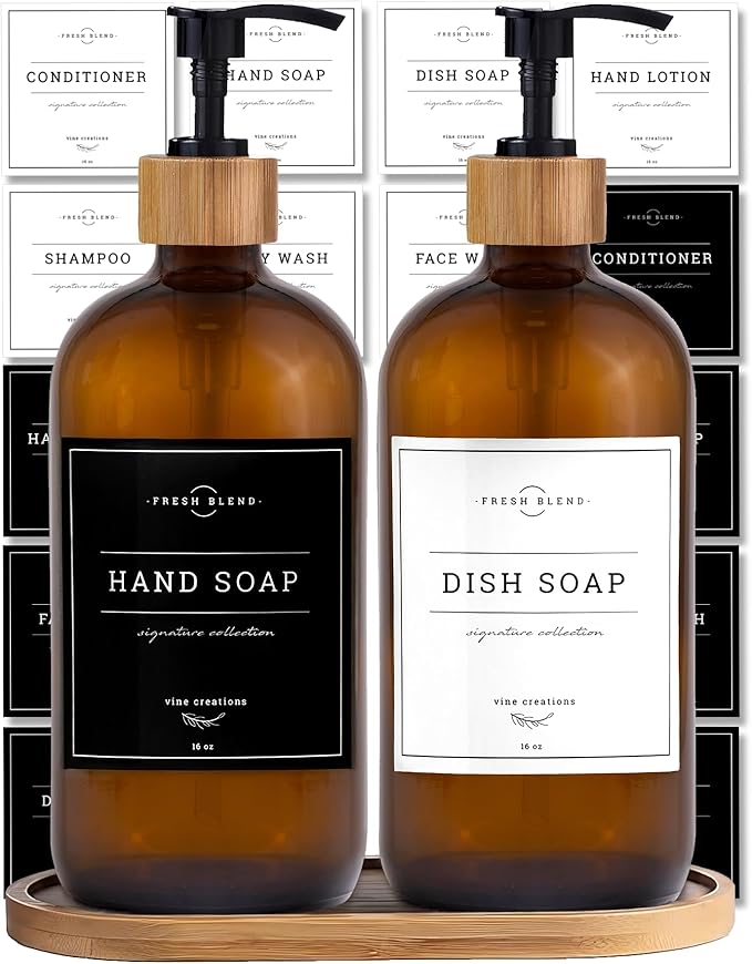 Vine Creations Amber Glass Soap Dispenser Set - Kitchen Soap Dispenser Set with Tray - Bamboo Dish Soap and Hand Soap Dispensers Set for Bathroom - Modern Kitchen Decor with Waterproof Labels