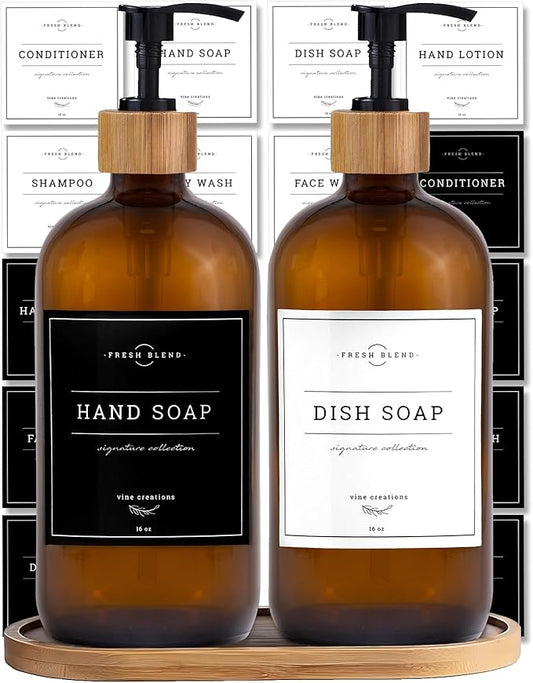 Vine Creations Amber Glass Soap Dispenser Set - Kitchen Soap Dispenser Set with Tray - Bamboo Dish Soap and Hand Soap Dispensers Set for Bathroom - Modern Kitchen Decor with Waterproof Labels