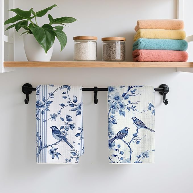 2 Pcs Artistic Bird Kitchen Towels, Floral Art Decorative Absorbent Microfiber Dish Cloth Tea Towel, Waffle Soft Hand Towels for Farmhouse Home Bathroom, Housewarming Gifts