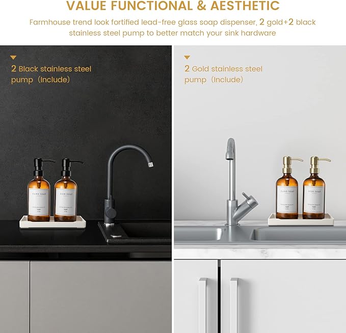Glass Soap Dispenser for Kitchen, Farmhouse Dish & Hand Soap Dispenser Set, Rustproof Pump Bathroom Soap Lotion Dispenser with Tray, Waterproof Label for Kitchen Decor(Amber