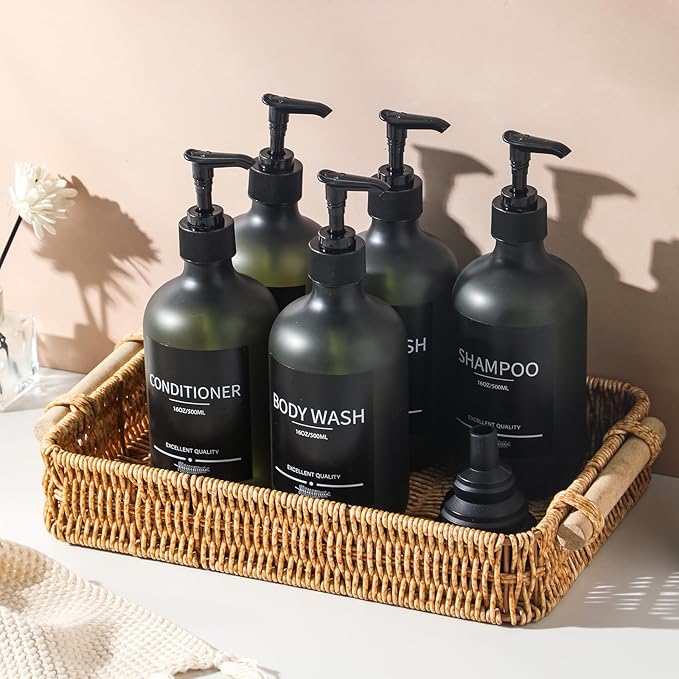 Shower Bottles Refillable with Labels(5Pack Green),Plastic Shampoo Bottles with Pump,Bathroom Bottles with Pump and Labels,Shampoo and Conditioner Bottles