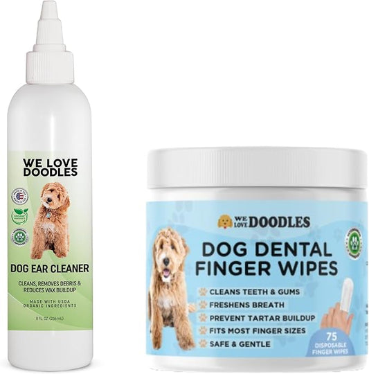 We Love Doodles Dog Teeth Cleaning Wipes & Ear Cleaner - Pet Dental Finger Wipes, Freshens Breath, Ear Wash & Clean Ear Drops for Dogs
