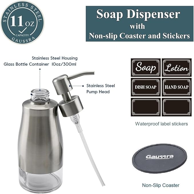 Gaussra Soap Dispenser with Coaster and Stickers, Brushed Nickel Stainless Steel Case Glass Liner Hand Pump Dispenser, Refillable Liquid Hand Soap Dispenser for Bathroom & Kitchen (11OZ / 320ML)