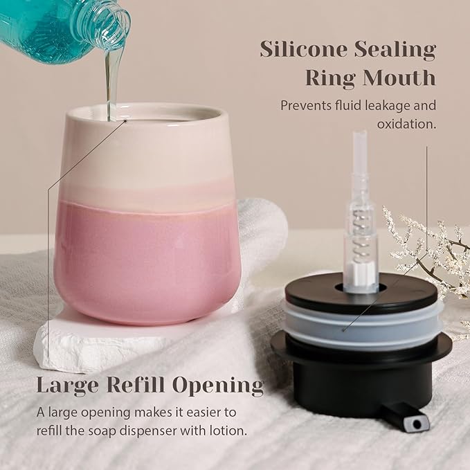 INGOFIN Ceramic Hand Soap Dispenser - 12 oz Liquid Lotion Dispenser Bathroom, Refillable Modern Dish Soap Dispenser with Pump for Kitchen, Beige and Pink