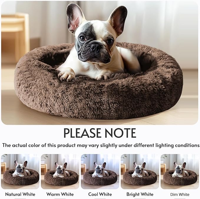 JOLLYVOGUE Small Dog & Cat Beds for Indoor Cats, Donut Cuddler Warming Soft Dog Beds with Anti-Slip Bottom, Round Calming Fluffy Plush Faux Fur Cushion Bed for Small Dogs (23", Coffee)