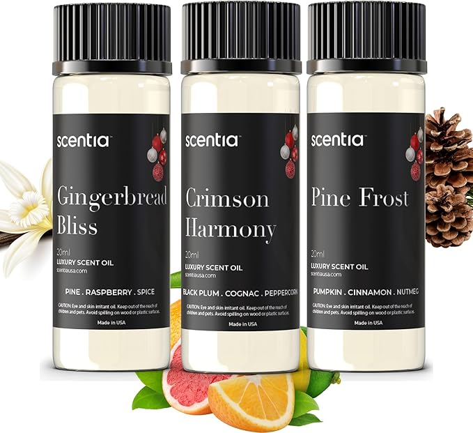 Christmas Fragrance Oil Set – Winter Essential Oils for Diffusers & Candle Making – Pine Frost, Gingerbread Bliss & Crimson Harmony – Holiday Gift Set – Made in USA – 3×20ml (2.03 fl oz)