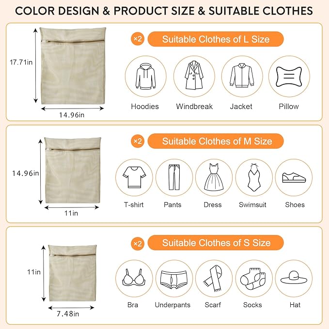 6-Piece Bag, Durable Cotton Mesh Laundry Bag, Sturdy Zipper, Breathable Mesh, Exquisite Laundry Bag for Underwear, Clothes, Pants, Shoes and Socks