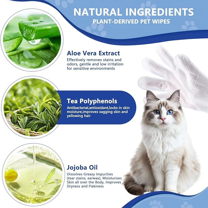 HONGYEE【4 Packs/24 Sheets】Pet Thick Glove Wipes, Disposable Pet Cleaning Wipes, Odorless and Fragrance-Free, Suitable for Daily Care, Cleaning, and Grooming of Dogs and Cats