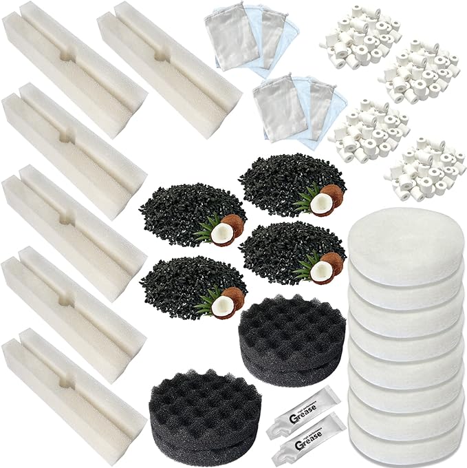 42 PCS Aquarium Media Kits Replacement for Fluval FX4 / FX5 / FX6 Canister Filters, Including Bio-Foam Block, Carbon Sponge Filter, Ceramic Ring, Activated Carbon, Silicone Lubricant, Filter Pad