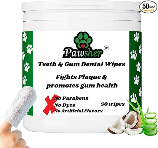 Dog Teeth Cleaning Wipes - Natural Coconut Oil & Aloe - Dental Wipes for Dogs - No-Rinse Pet Dental Finger Wipes - 50 Count