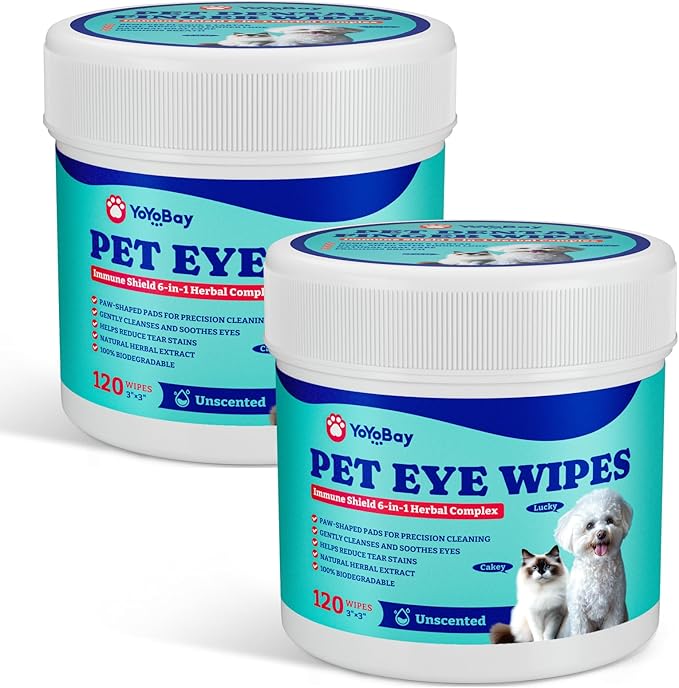 Dog Eye Wipes for Tear Stain Remover – 120 Pet Eye Wipes with Herbal Complex, Dual-Texture Pads for Dogs & Cats, Clean Discharge & Crust, Soothe Eyes, Biodegradable, Vet-Approved, 2 Pack