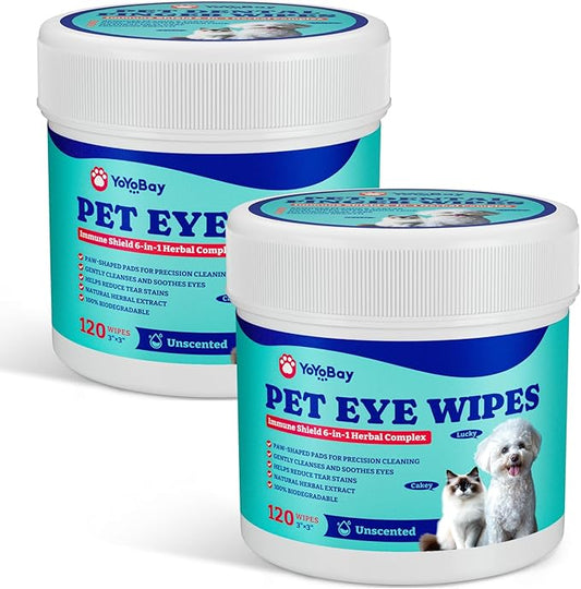 Dog Eye Wipes for Tear Stain Remover – 120 Pet Eye Wipes with Herbal Complex, Dual-Texture Pads for Dogs & Cats, Clean Discharge & Crust, Soothe Eyes, Biodegradable, Vet-Approved, 2 Pack