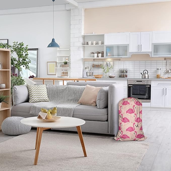 Swono Pink Flamingos Extra Large Laundry Bag with Drawstring Heavy Duty Travel Dirty Clothes Bag for Laundromat Household, Tropical Bird Feather Beak Rip-Stop Laundry Hamper Bag, 28x40 Inch, Wildlife