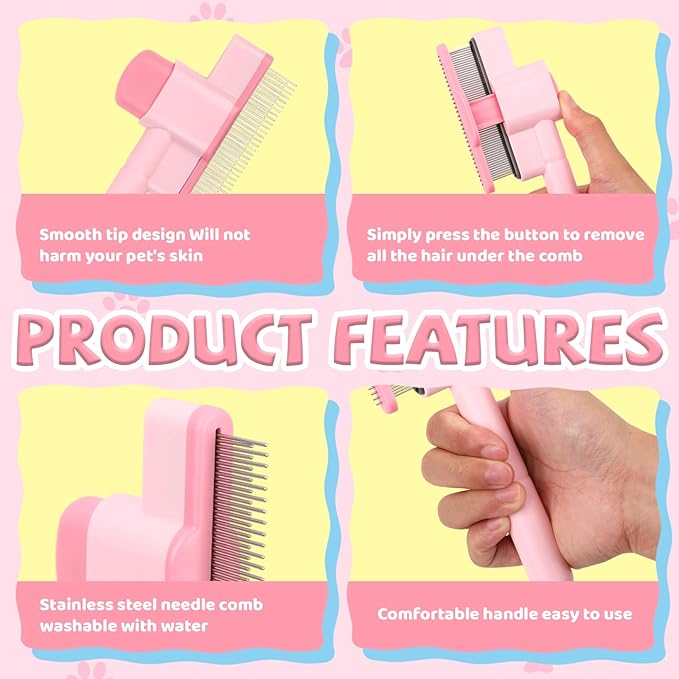 3 Pcs Pet Flea Comb Set, Self Cleaning Pet Comb with Stainless Steel Teeth, Flea Brush for Cat & Dogs with Scissors