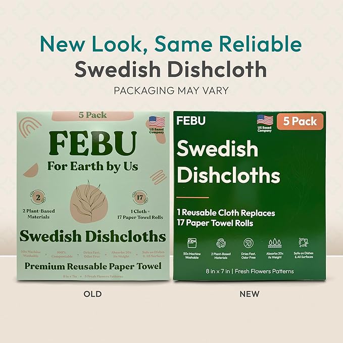 FEBU Swedish Dishcloths for Kitchen | 5 Pack Neutral Reusable Paper Towels Washable | Swedish Dish Towels | Non-Scratch Cellulose Sponge Cloths | No Odor, Biodegradable Cleaning Cloths