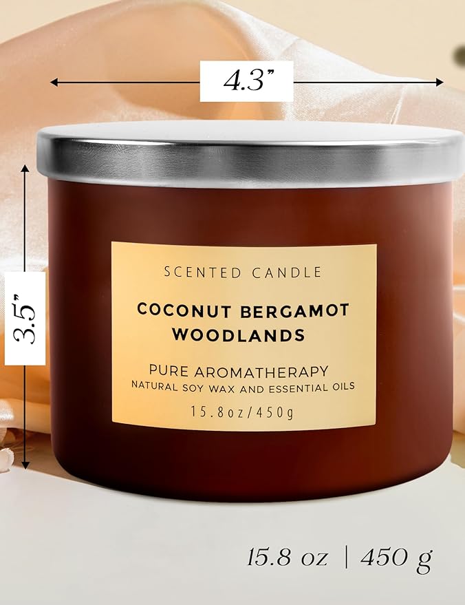 Coconut Bergamot Woodlands 3-Wick Soy Scented Candle, 15.8 oz - Clean Burn - Creamy Coconut, Bergamot & Balsam Woods - Large Aromatherapy Candle for Home Relaxation