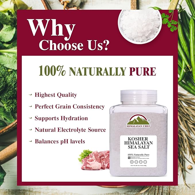 Himalayan Chef Kosher Sea Salt – Full Flavor, No Additives, unrefined and Less Sodium - Natural and Organic - 5 Pound Plastic Jar, Kosher & Non GMO Certified