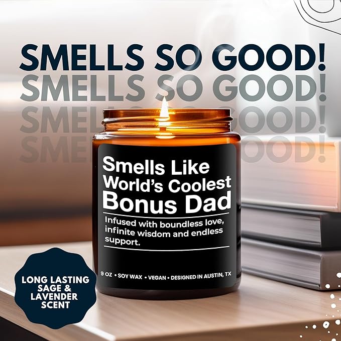 World's Coolest Bonus Dad Candle, Unique Sentimental Father's Day & Birthday Gift for Step Dad, Thoughtful Gifts for Father in Law, Best Presents for Birthday, Christmas, Special Occasions, Gift Ready
