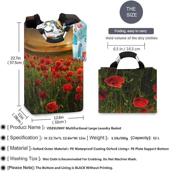 visesunny Collapsible Laundry Basket Poppy Flower And Sunset Large Laundry Hamper with Handle Toys and Clothing Organization for Bathroom, Bedroom, Home, Dorm, Travel