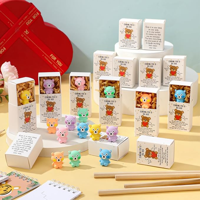 24 Set Employee Appreciation Gifts Bulk Coworkers Thank You Desk Pets Holiday Small Cute Emotional Support Resin Ornaments Card Box for Women Men Adults Office (Bear Eraser)