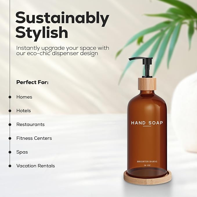 Amber Glass Hand Soap Dispenser Bathroom Set by Brighter Barns - Hand Soap Dispenser for Kitchen Sink & Bathroom - Bamboo Glass Bottle with Tray - Modern Home Decor for Spa, RV, Fitness Center (Amber)
