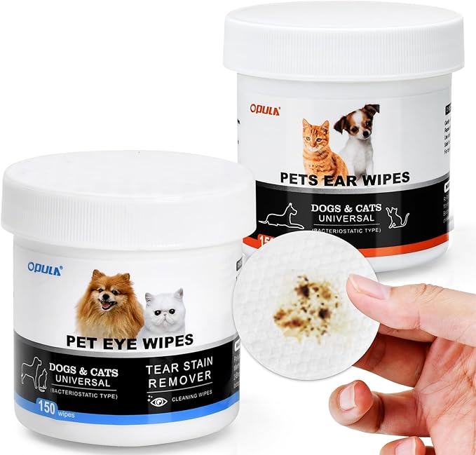 OPULA Dog Ear Eye Cleaner Wipes,300 Count Cat Eye Ear Cleaning Wipes,Pet Wipes,150pcs Tear Stain Remover Wipes+150pcs Ear Wax Wipes,Non-Irritating,Dog&Cat Universal,Eliminate Odor
