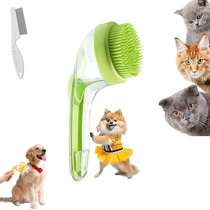 Pet Bath Brush, Pet Bath Brush with Soap Dispenser, Dog Scrubber for Bath, 2 in 1 Scrubber for Bath with Built-In Shampoo Dispenser, For Dogs, Cats & More (Green)
