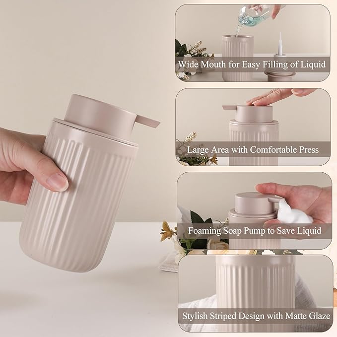 BosilunLife Foam Hand Soap Dispenser - Ceramic Foaming Soap Dispenser for Bathroom 12oz Refillable Liquid Lotion Soap Dispenser with Rust-Proof Foaming Pump for Countertop