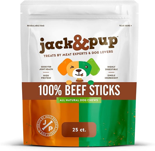 Jack&Pup 6-inch Gullet Sticks for Dogs – Odor Free Joint Health Support Dog Chews – Fresh and Savory Beef Gullet Sticks - Naturally Rich in Glucosamine and Chondroitin (25 Pack)