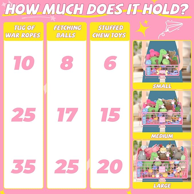 Indestructible Dog Toy basket, Small Toy Box for Dogs, Pet Toy Bin Dog Metal Basket for Toys, Toy Storage Organizer,Dog Toy Box for Living Room Area(Pink)