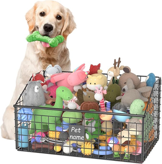 Indestructible Dog Toy basket, Large Toy Bin for Dogs,Pet Toy Bin Dog Metal Basket Organizer Storage for Toys Food Storage (Black)