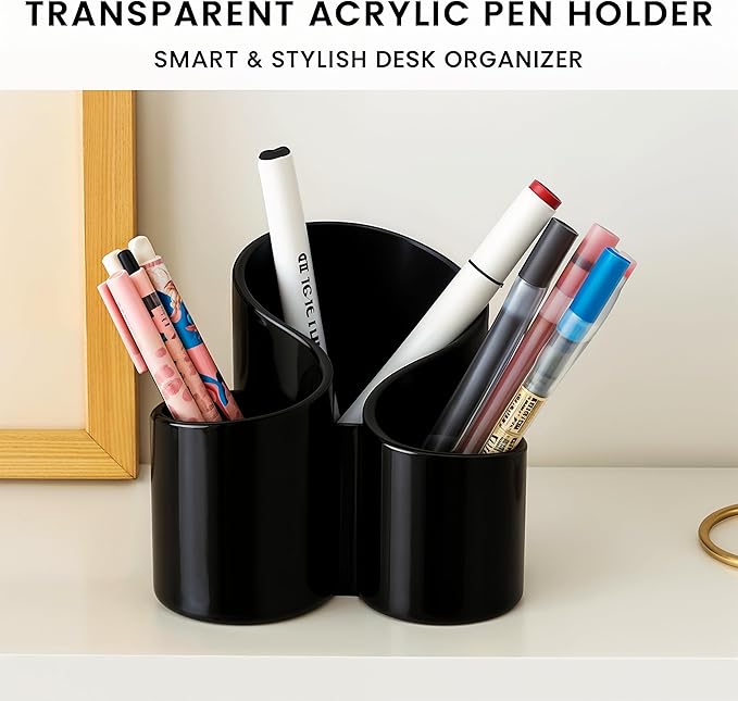 Black Makeup Brush Holder | New Elegant Design Acrylic Makeup Organizers | 3 Compartment Organizer Make Up Brush Holder Organizer & Cosmetic Storage for Lipstick, Eyeshadow Brush makeup pallette