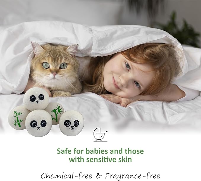 Wool Dryer Balls Laundry Reusable, 100% Natural New Zealand Wool Balls for Dryer, 6 in 1 Pack (Panda)