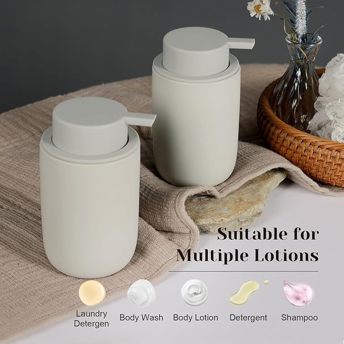 INGOFIN Ceramic Lotion Soap Dispenser Set, 2 Pack (12 oz) Bathroom Hand Soap Dispenser with Pump, Liquid Hand and Dish Soap Dispenser Set, 8 Pcs Clear Stickers,for Kitchen, Bathroom- Grey