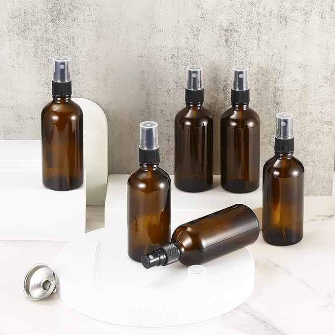 3.4oz Amber Glass Spray Bottles,Empty Fine Mist Refillable Travel Spray Bottle for Cleaning,Perfume,Aromatherapy,Cosmetic Sprays,Hair,Essential Oils with Fine Mist Dispenser（3 Pack）