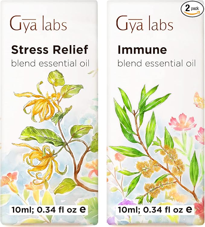 Stress Relief Oil Essential Oils Blend for Diffuser & Immune Essential Oil for Breathing Gya Set - 100% Natural Aromatherapy Grade Essential Oils Set - 2x10ml - Gya Labs